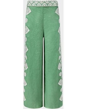 Figue Noemie Embroidered Linen Wide-Leg Pants - Green
