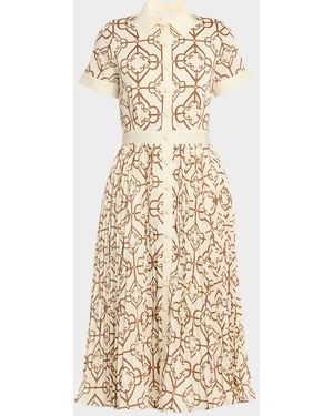 mestiza Billie Pleated Tile-Print Midi Shirtdress - Natural