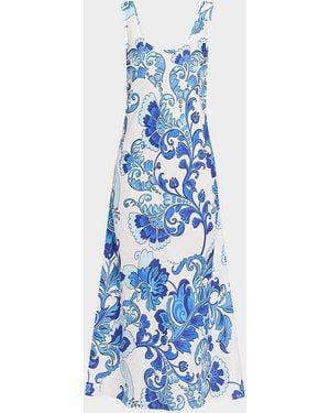 Johnny Was Floral Bias-Cut Linen Tank Dress - Blue