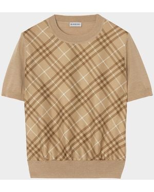 Burberry Short-Sleeve Check Silk Paneled Crewneck Sweater - Natural