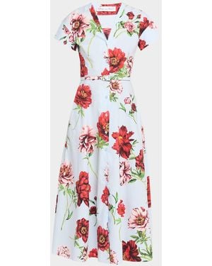 Oscar de la Renta Short-Sleeve Peony-Printed Tea-Length Dress - White