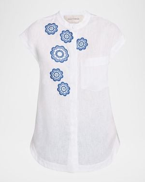 Silvia Tcherassi Adele Flower Embroidered Cap-Sleeve Linen Blouse - Blue