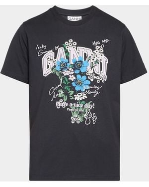 Ganni Flower Print Relaxed Crewneck T-Shirt - Black