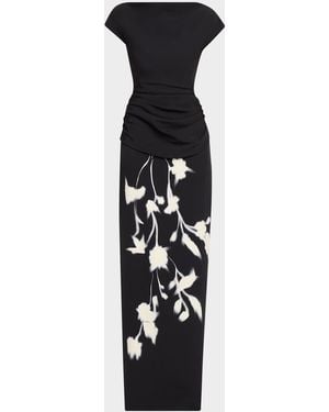 Lela Rose Floral Crepe Boat-Neck Draped Column Gown - Black