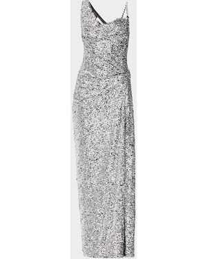 Area Asymmetric Crystal-Strap Full Sequin Gown - White