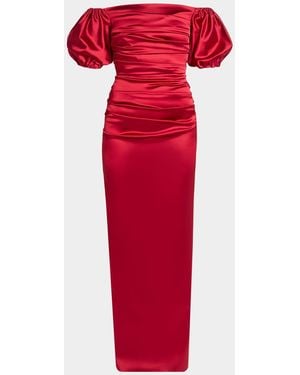 Talbot Runhof Off-The-Shoulder Stretch Satin Duchesse Column Gown - Red