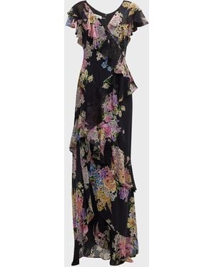 Teri Jon Floral-Print Ruffle Chiffon Gown - Black