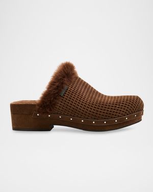 Brunello Cucinelli Perforated Shearling-Trimmed Suede Clogs - Brown