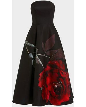 Mac Duggal Strapless Floral-Print Satin Midi Dress - Red
