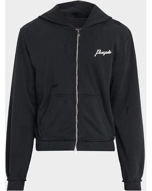 Purple Apos;S Logo Cotton Distressed Shrunken Hoodie - Blue