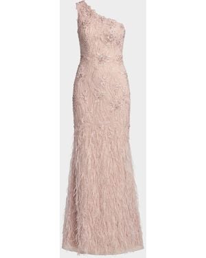 Mac Duggal Embellished Lace One-Shoulder Feather Gown - Pink