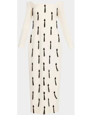 Lela Rose Tassel Embroidered Stretch Cotton Off-The-Shoulder Column Dress - White
