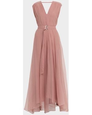 Brunello Cucinelli Belted Pintuck Silk Chiffon Gown - Pink