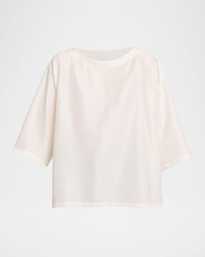 Eskandar Sloped Shoulder Wide A-Line Scoop Neck Top- Mid Length - White