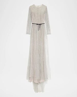 Monique Lhuillier Embellished Tulle Long-Sleeve Illusion Gown - White
