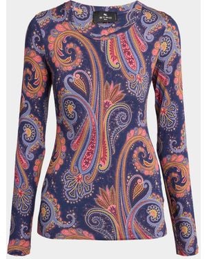 Etro Paisley-Print Wool Jersey Long-Sleeve Top - Blue