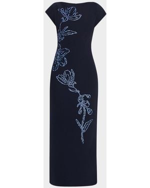 Lela Rose Flower Embroidered Fluid Crepe Maxi Dress - Blue