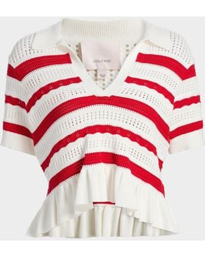 Cinq À Sept Elvire Striped Pointelle-Knit Polo Sweater - Red