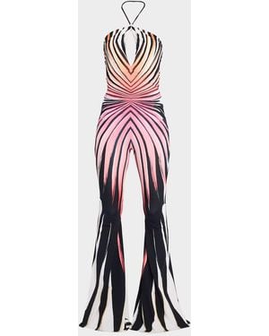 Roberto Cavalli Striped Jersey Flare-Leg Halter Jumpsuit - White