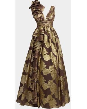 Mac Duggal Metallic Floral Brocade Ball Gown - Natural