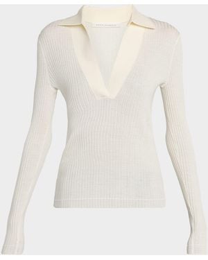 Maria McManus Long-Sleeve Ribbed Merino Wool Polo - White