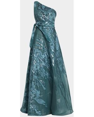 Rene Ruiz One-Shoulder Metallic Jacquard Gown - Blue