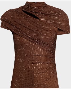 Self-Portrait Rhinestone Cutout Mesh Top - Brown