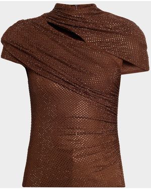 Self-Portrait Rhinestone Cutout Mesh Top - Brown