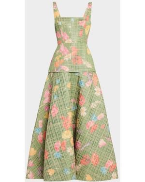 Lela Rose Floral Raffia Drop-Waist Sleeveless Ankle Dress - White