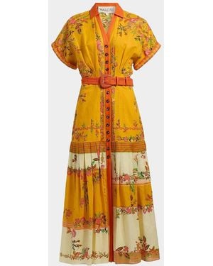 Saloni Riya-B Belted Floral Linen Maxi Shirt Dress - Metallic