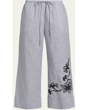 Kobi Halperin Callie Embroidered Striped Wide-Leg Pants - Gray