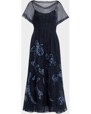 Lela Rose Ikat Floral Embroidered Organza Midi Dress - Blue