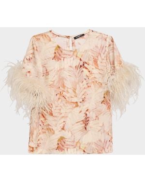 Emanuel Ungaro Logan Feather-Cuff Floral-Print Blouse - Pink