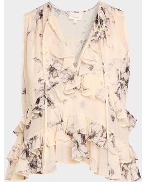 Cinq À Sept Hand-Sketched Floral Ruffle Blouse - Natural