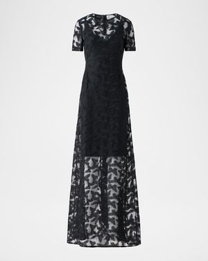 Akris Butterfly Embroidered Sheer Tulle Short-Sleeve Gown - Black