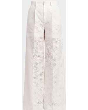 Alberta Ferretti Eyelet Embroidered Cotton Wide-Leg Pants - White