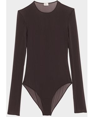 Saint Laurent Sheer Knit Long-Sleeve Bodysuit - Brown