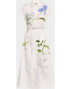 Monique Lhuillier Floral Cotton Short-Sleeve Midi Shirtdress - White