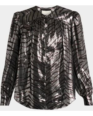 Isabel Marant Farali Metallic Tiger-Print Silk Gathered Blouse - Black