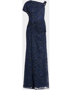 Aidan Mattox Metallic Floral-Embroidered Mesh Gown - Blue