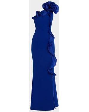 Teri Jon One-Shoulder Ruffle Column Gown - Blue