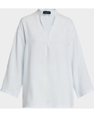 Giorgio Armani V-Neck Long-Sleeve Hemp Tunic Shirt - White