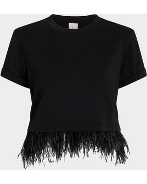 Cinq À Sept Cropped Feather-Trim Tee - Black