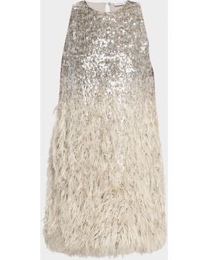 Brunello Cucinelli Degrade Feather Sequined Fil Coupe Mini Dress - Natural