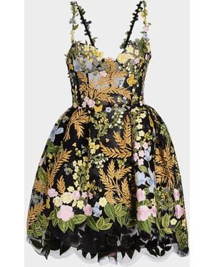 Oscar de la Renta Mixed Botanical Embroidered Tulle High-Low Bustier Dress - Green