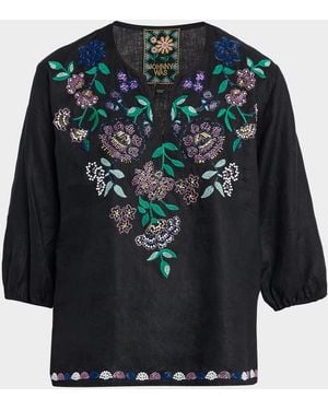 Johnny Was Beaded Floral Split-Neck Linen Blouse - Black