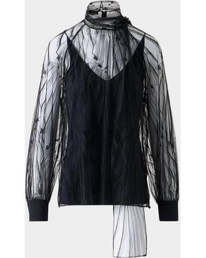 Akris Long-Sleeve Flounce Lace Scarf Blouse - Black