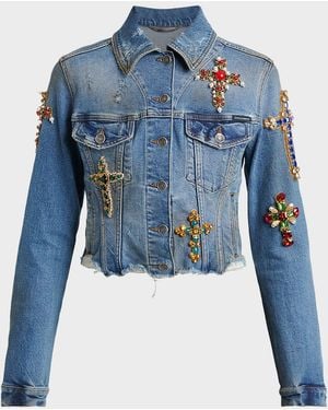 Dolce & Gabbana Cross Embellished Distressed Denim Jacket - Blue