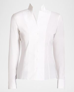 Akris Long-Sleeve Notched-Collar Poplin Blouse - White