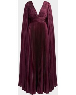 Mac Duggal Metallic Pleated Charmeuse Cape Gown - Purple
